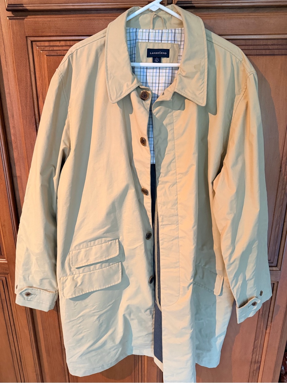 Lands' End Men's Light Tan Button-Up Mid-Length Trench Coat